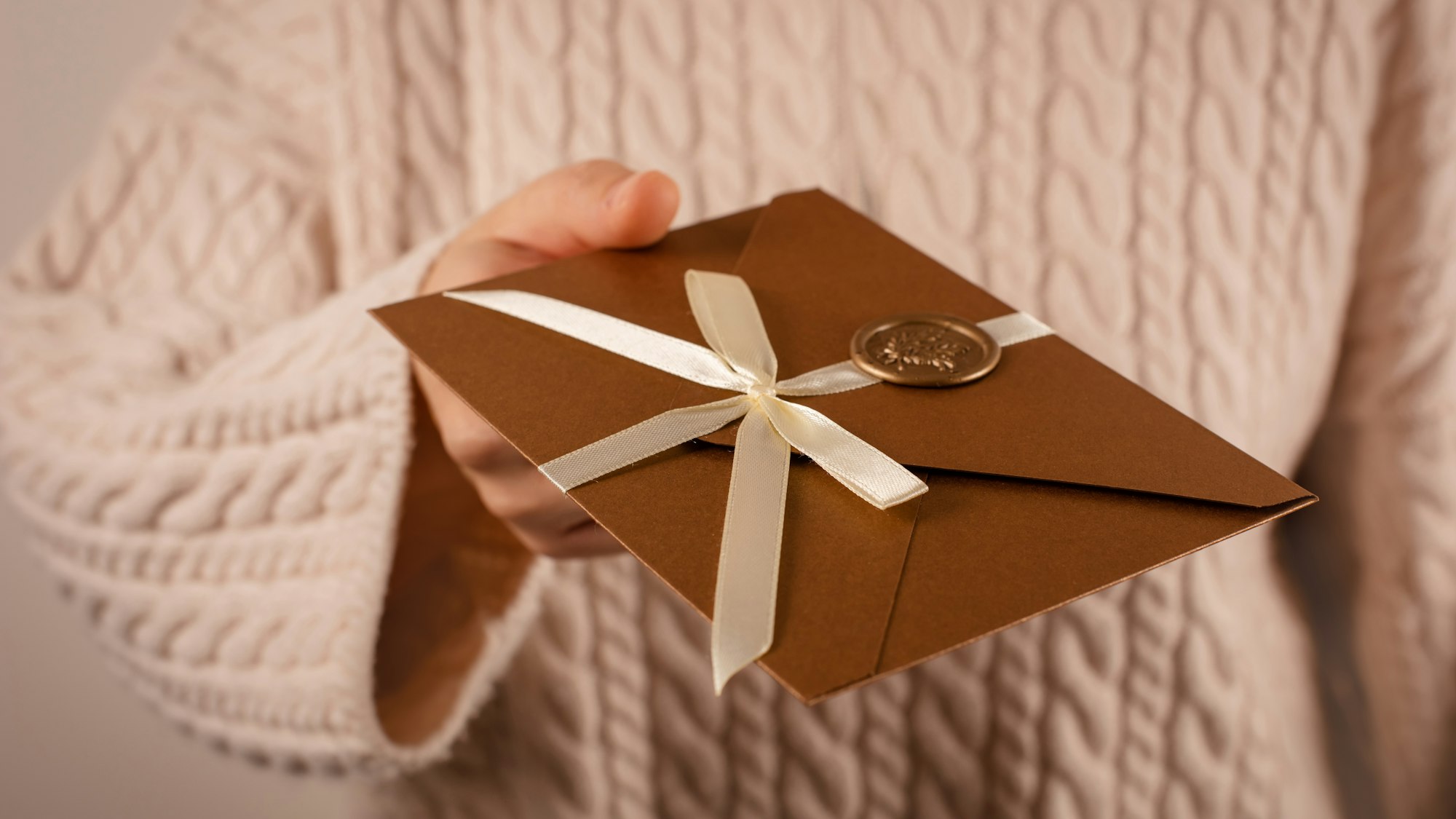 banner woman gives Gift Certificate, bronze envelope invitation card